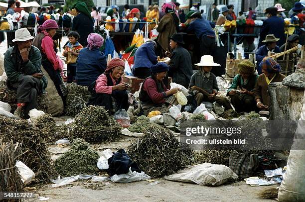 Frauen verkaufen Kräuter auf dem Markt in Lhasa - Juli 1995