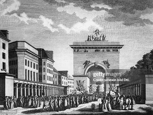 Fest der Annahme der neuen republikanischen Konstitution, 10.8.1793. - Stich von J. Hutter n.e. Zeichnung von Swebach Desfontaines, 1816.