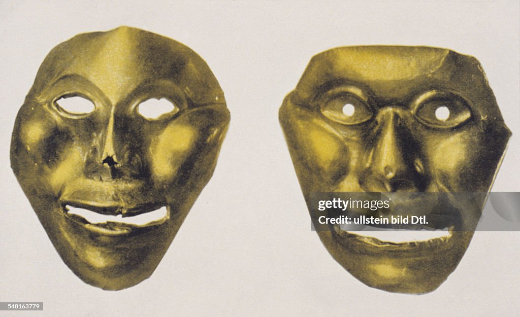 Prehispanic america, tribal chiefdoms of columbia. Hammered gold laminate masks of the Calima - culture (upper - Cauca region) , about 300-1000 A.D.  from a shaft-tombe