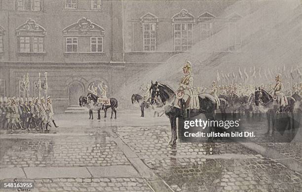 Germany, german empire 1870-1914, military, Uniforms , Prussia: Presenting the colours by the Reginemt 'gardes du Corps' in the court of Berlin City...