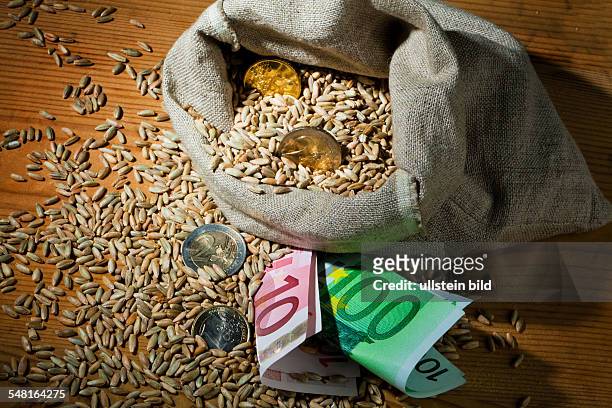 Symbolic photo corn price, rye grains, Euro coins and banknotes