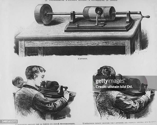 Edison, Thomas Alva *11.02.1847-+ Erfinder, Unternehmer, USA Entwickelte 1879 die Gluehlampe - Edisons Phonograph, Zeichnung - 1878