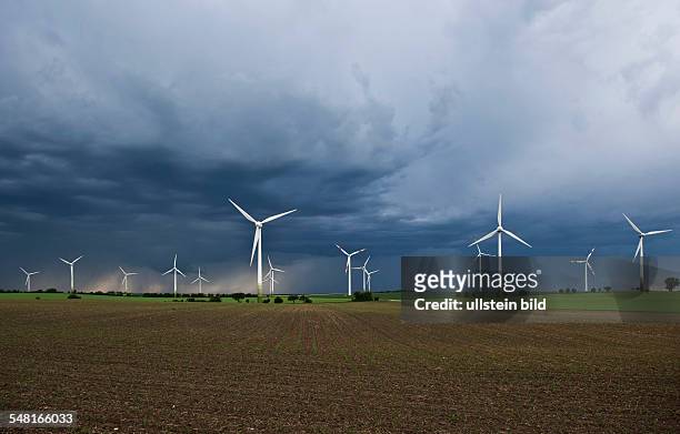 Germany Brandenburg Belzig - dark clouds and wind power plants