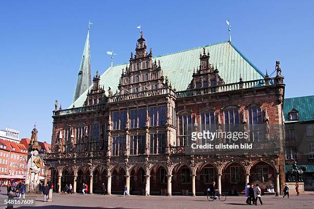 Germany Bremen Bremen - Historic town hall and Roland statue at the market place in the old town of Bremen, UNESCO World Heritage Site, Free...
