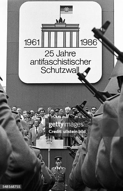 25th anniversary of the construction of the Berlin Wall Erich Honecker - East German Head of State - delivering a speech at Celebrations marking the...