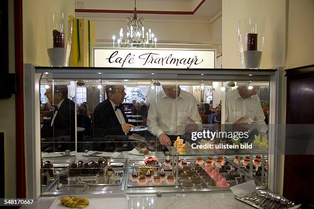 Austria - Linz: cake cabinet at Cafe Traxlmayr