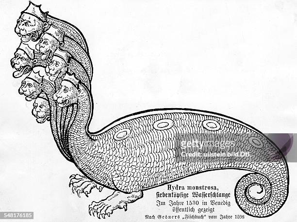 Hydra monstrosa, siebenköpfige Wasserschlange 1530 in Venedig öffentlich gezeigt nach Gesners'Fischbuch'vom Jahre 1598