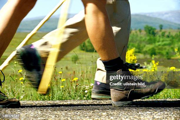 Spain - Maragateria, pilgrims walk on a pilgrimage to Santiago de Compostella