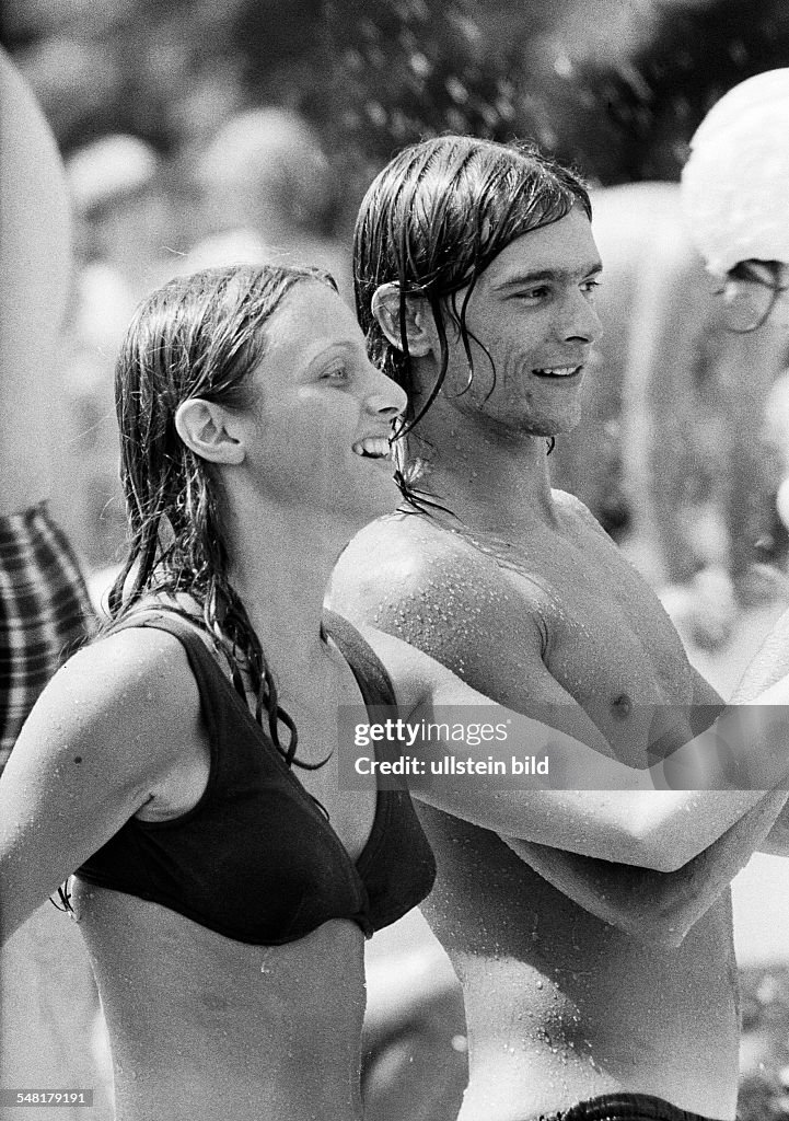 People, young couple in an open-air swimming pool, bikini, bathing trunks, fun, aged 18 to 25 years - 26.06.1972