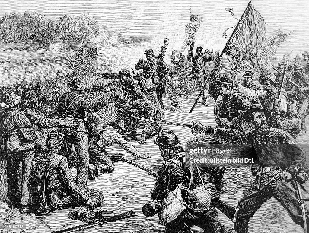 American civil war Second battle of Bull Run at Manassas Junction, Virginia (29.-30.8.1862): General Starke's brigade on an attack. Contemporary wood engraving