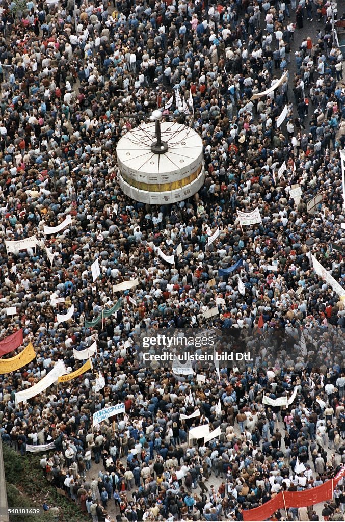 Demonstrations in East Germany 1989 Aerial view of a demonstration of about 75.000 people for political reforms at Alexanderplatz Square, East Berlin -
