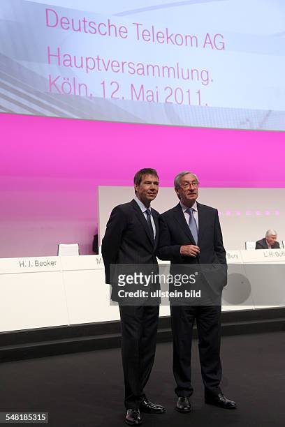 Obermann, Rene - CEO Deutsche Telekom AG, Germany - and Ulrich Lehner, chairman of the board at the general business meeting