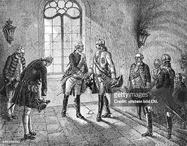 König von Preussen 1740-1786 - König Friedrich II. Von Preussen empfängt Kaiser Joseph II. In Neisse: v.l.: Minister von Hertzberg, Friedrich II.,...