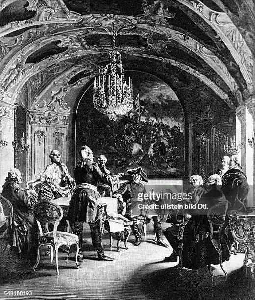 König von Preussen 1740 - 1786 Kriegsrat bei König Friedrich II. Nach dem Gemälde von Johann Hamza