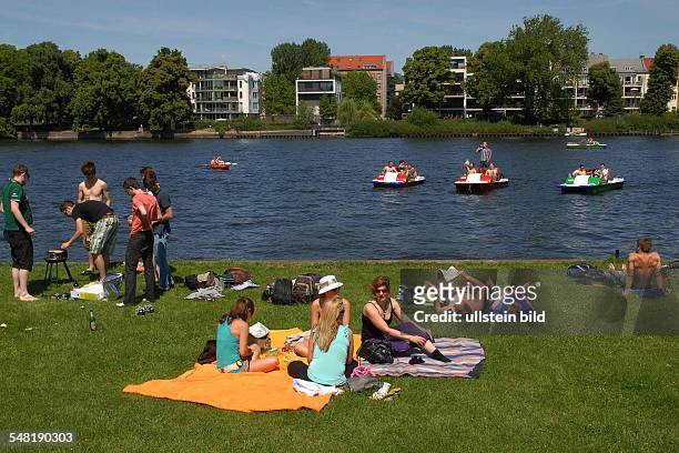 Germany Berlin Treptow - lawn for sunbathing at Treptower Hafen -