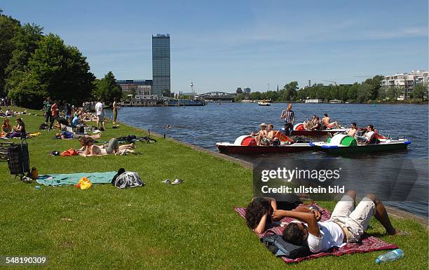 Germany Berlin Treptow - lawn for sunbathing at Treptower Hafen -