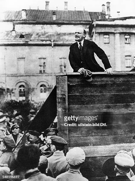 Russian communist revolutionary leader, Vladimir Lenin , giving a speech in to men of the Red Army leaving for the front, during the Polish-Soviet...