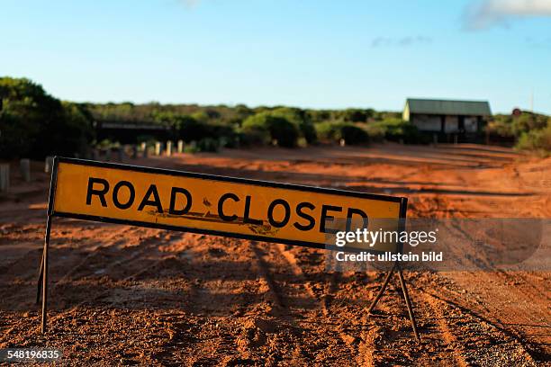 Western Australia - Road Closed Sign after heavy rainfalls in World Heritage Shark Bay