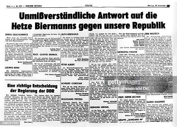 Biermann, Wolf *- Liedermacher, Lyriker, D - Auszug aus dem "Neuen Deutschland": weitere Stellungnahmen von Kuenstlern der DDR zur Ausbuergerung...