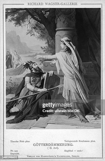 Szene aus 'Götterdämmerung' Ende II. Akt: Gutrune verabschiedet Sigfried und Gunther ; i.V. Hagen. Bildserie aus Richard-Wagner-Gallerie n.Gem.v....