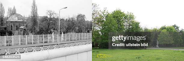 Germany Berlin Wedding - left: Berlin wall between Wedding and Mitte district at Liesenstrasse close the French cemetry - 1982; right, same place:...