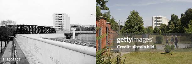 Germany Berlin Wedding - left: Berlin wall between Wedding and Mitte district at Liesenstrasse close the French cemetry - 1982; right, same place:...