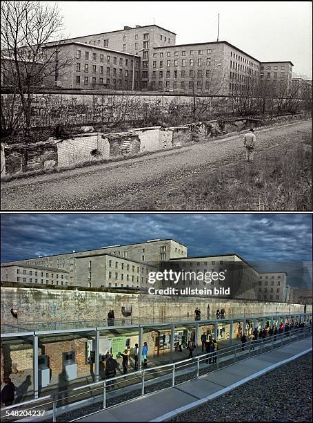 Germany Berlin Kreuzberg - above: Berlin wall and House of the Ministries of the GDR - 1988 below: visitors on the memorial place "Topographie des...