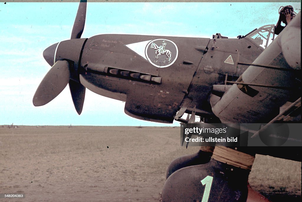 2. World War, campaign against soviet union, german military, Luftwaffe: A Junker JU - 87 'Stuka' of 2.Group/ 2. wing 'Immelmann' with squadrron sign 'Bamberg Horseman' on an airfield in the Ukraine. - 00.00.1942