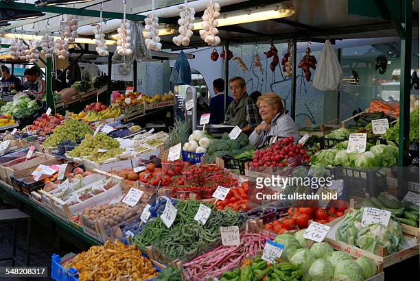 Italy Trentino Alto Adige Bolzano - Fruit market at the alley 'Laubengasse'