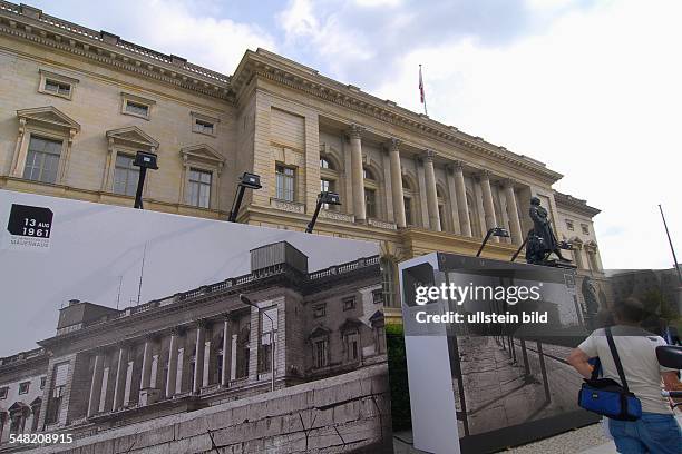 Germany Berlin Kreuzberg - plate with historical photos of the Berlin Wall installed for the 50th anniversary at the 13th August, historical photo on...