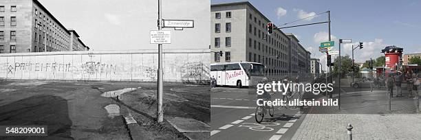 Germany Berlin Kreuzberg - left: Berlin wall between Kreuzberg and Mitte at Zimmerstrasse / Wilhelmstrasse - 1982; right, same place: former line of...