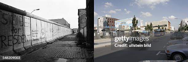 Germany Berlin Kreuzberg - left: Berlin wall between Kreuzberg and Mitte at Zimmerstrasse, view to Friedrichstrasse - 1982; right, same place: former...