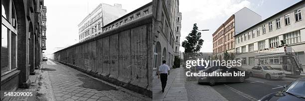 Germany Berlin Kreuzberg - left: Berlin wall between Kreuzberg and Mitte at Zimmerstrasse, view to the Wilhelmstrasse - 1982; right, same place:...