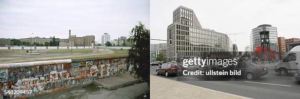 Germany Berlin Tiergarten - left: Berlin wall at Potsdamer Platz, view to Leipziger Strasse - 1984; right: Potsdamer Platz - 2009 Montage of two...