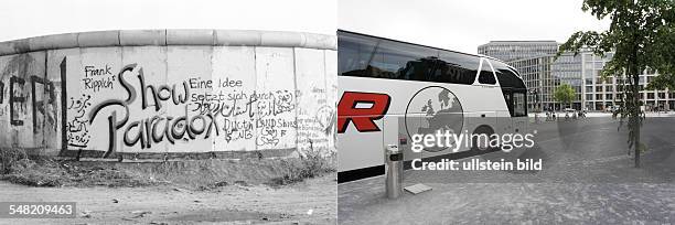 Germany Berlin Tiergarten - left: Berlin wall at Potsdamer Platz - 1982; right: tourist bus at the line of the former Berlin wall at Potsdamer Platz...