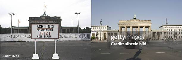 Germany Berlin Tiergarten - LEFT: Berlin Wall at Brandenburg Gate, sign reading 'Achtung! Sie verlassen jetzt West Berlin' - 1984; RIGHT: the...