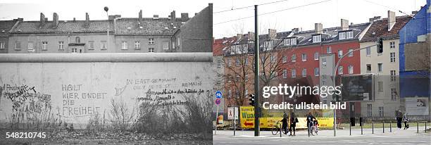 Germany Berlin Wedding - LEFT: wall at Bernauer Strasse, behind the appartement houses of East-Berlin - November 1982; RIGHT: former border line of...