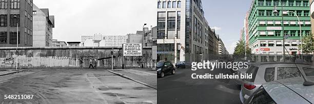 Germany Berlin Kreuzberg - left: Berlin wall between Kreuzberg and Mitte at Charlottenstrasse / Zimmerstrasse - 1982; right, same place: former line...