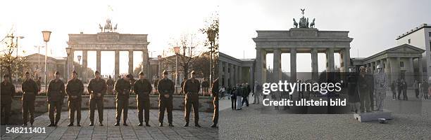 Germany Berlin Mitte - LEFT: GDR border soldiers in front of the Brandenburg Gate, Pariser Platz - ; RIGHT: Brandenburg Gate, Pariser Platz with...