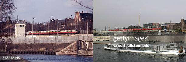 Germany Berlin Tiergarten - left: Berlin wall at the Spree river bank, in the background the Invalidenstrasse - 1984; right: Spree river bank, view...