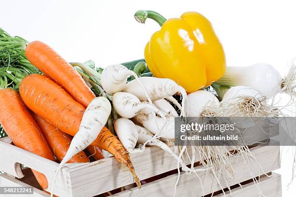 Box with vegetables, carots, redish, capsicum and green onions