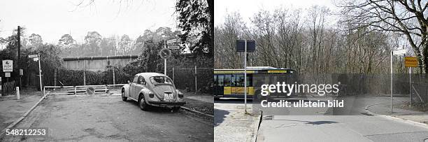 Germany Berlin Zehlendorf - left: Berlin wall; Potsdam , Steinstrasse - 1982; right: city limit Berlin - Potsdam, Steinstrasse, the line of the...