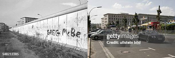 Germany Berlin Kreuzberg - left: Berlin wall between Kreuzberg and Mitte at Zimmerstrasse - 1982; right, same place: former line of the Berlin wall...