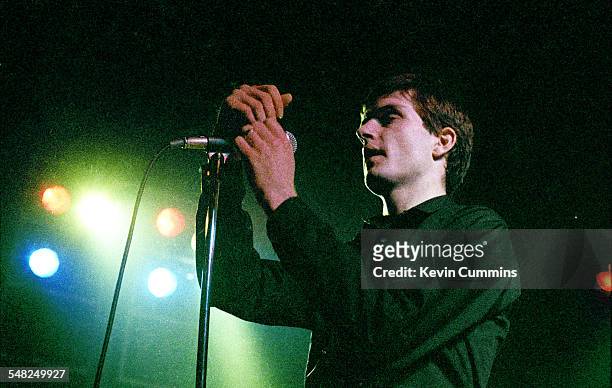 Ian Curtis performing with English rock group Joy Division at Mountford Hall, Liverpool University, 2nd October 1979.