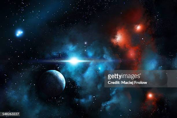 illustrazioni stock, clip art, cartoni animati e icone di tendenza di nebula cloud and planet - spazio cosmico