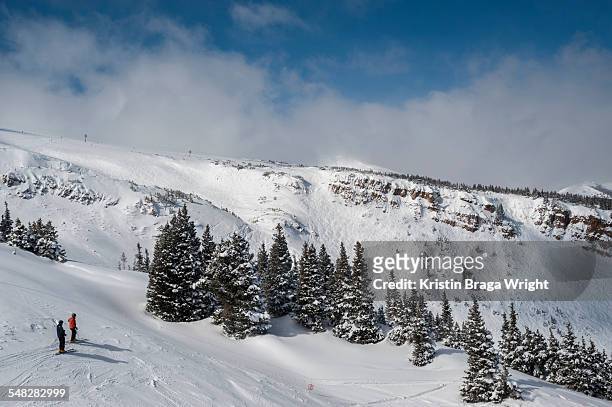 two skiers enjoy the mountain view. - snowmass stock pictures, royalty-free photos & images