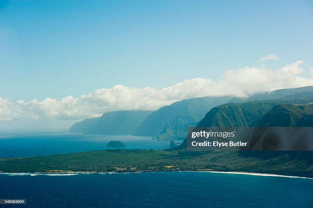 View of the isolated peninsula of Kalaupapa, Molokai surrounded by some of the highest sea cliffs in the world.