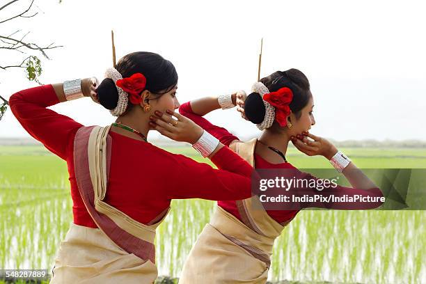 backview of bihu dancers - bihu fotografías e imágenes de stock