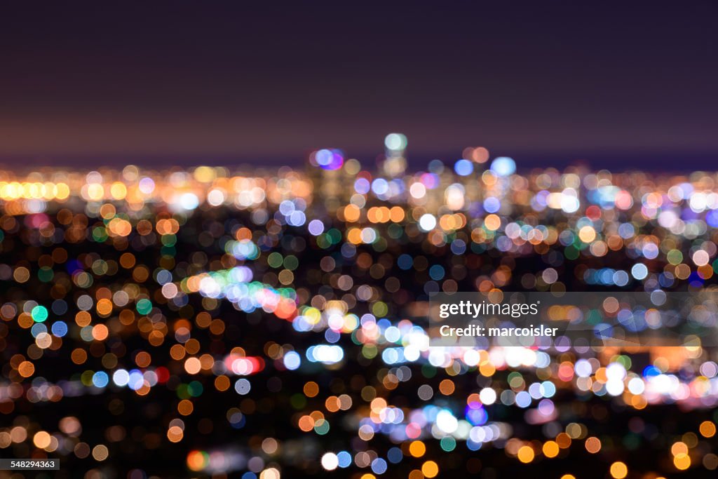 Night bokeh view of LA, California, USA