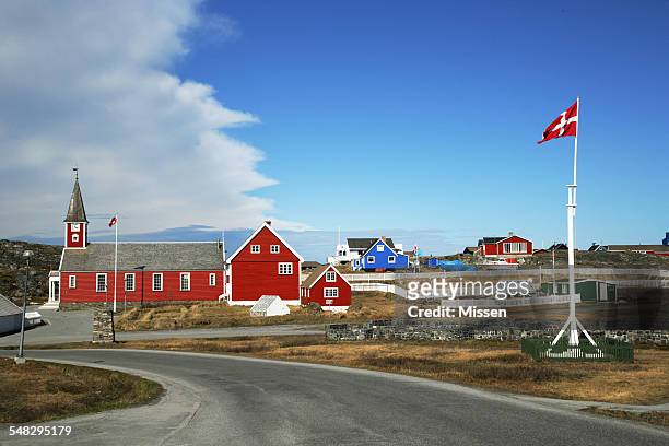 view of nuuk cathedral and houses, old town, nuuk, greenland - nuuk greenland stock pictures, royalty-free photos & images